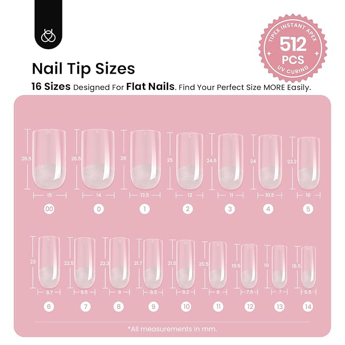 Beetles Tipex Instant Apex Nail Tips, 512Pcs Square Medium Pre-Building Pre-Etched Gel Nail Tips Thicker Acrylic Nails Strong Full Cover False Nail Extension Building 16 Sizes