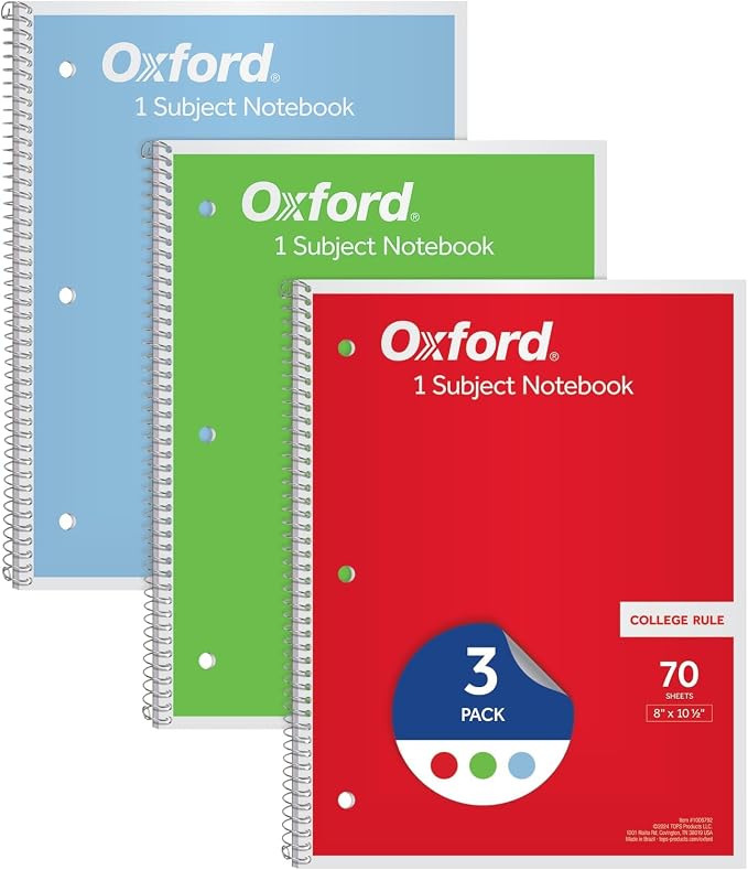 Oxford 1-Subject Notebooks, Notebooks for School, 8 x 10.5 Inches, College Rule, 70 Sheets, Assorted Primary Colors, Colors May Vary (1006792), (Pack of 24)