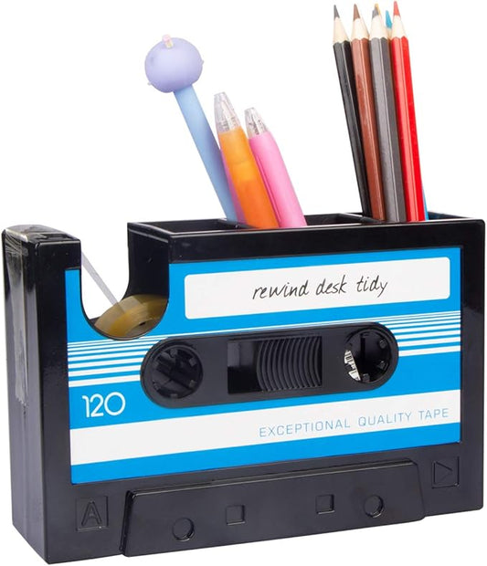 Aobopar Tape Dispenser Pen Holder, Retro Cassette Tape Dispenser, 80's Desk Accessories, Retro Office Supplies, Funny Cute Tape Dispenser (Blue-TD)
