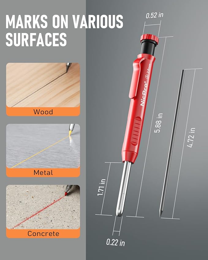 Nicpro 1 Pack Carpenter Pencil with Sharpener, 2.8 mm Mechanical Pencils with 13 Refills, Deep Hole Marker for Construction, Heavy Duty Woodworking Pencil, Carpenter Tools for Architect Marking