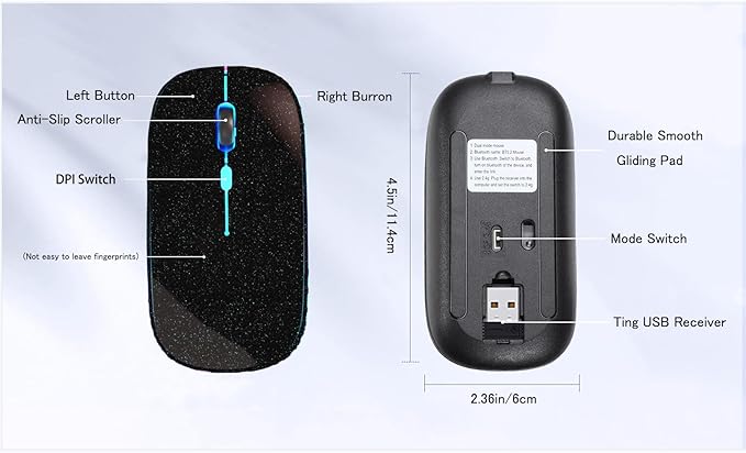 Wireless Bluetooth Mouse Rechargeable Laptop Mice with LED Lights Silent Slim Use(BT5.2 and 2.4G Portable USB Receiver)Dual Mode Computer Mouse for Laptop/iPad/Tablet/Apple/PC/Mac(Pearl Black)
