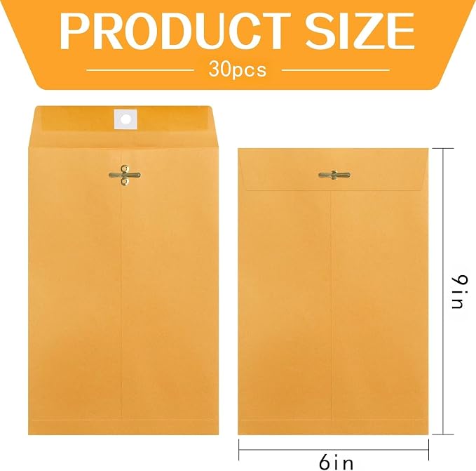 30 Pcs Manila Envelopes 6 x 9 Inch, Kraft Envelopes with Clasp Closure | 28lb Gummed Seal Brown Mailing Envelopes for Office, School, Business, Home Use