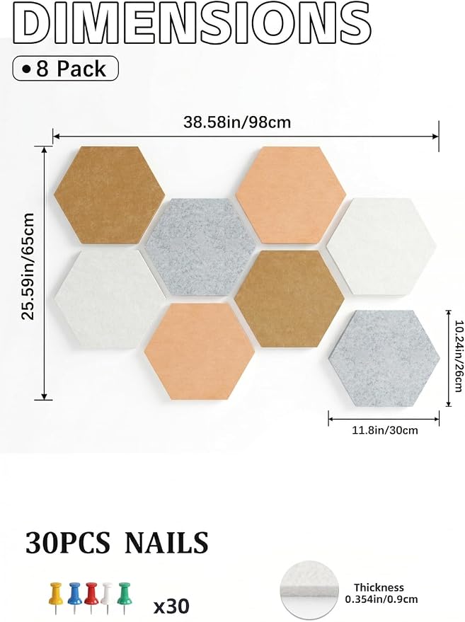 8-Pack Hexagon Felt Bulletin Board Tiles, Cork Board Alternative | For students and teachers creating vision boards in homes, offices, dorms or classrooms; includes 30 push pins.