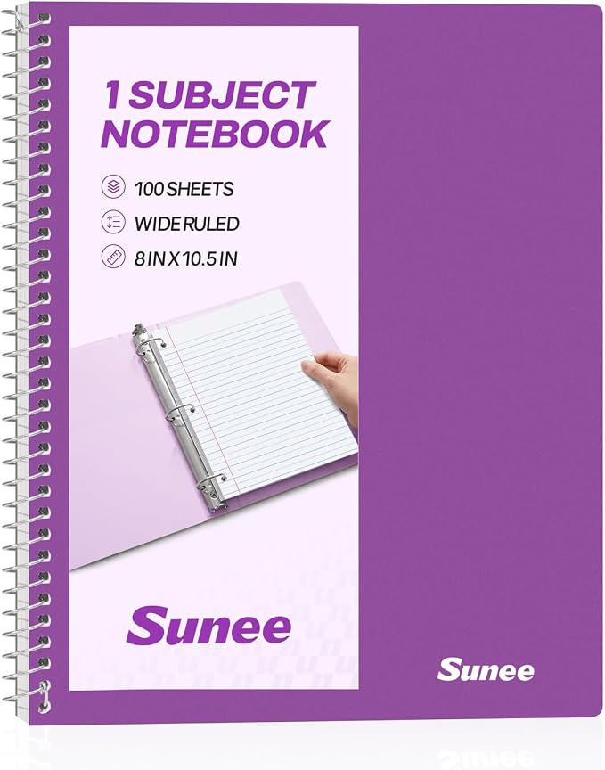 SUNEE Spiral Notebook, 1-Subject, Wide Ruled Paper, 8" x 10-1/2", 100 Sheets per Notebook, 3-Hole Punched Paper, Water Resistant Cover, Double-sided Pockets, Dark Purple