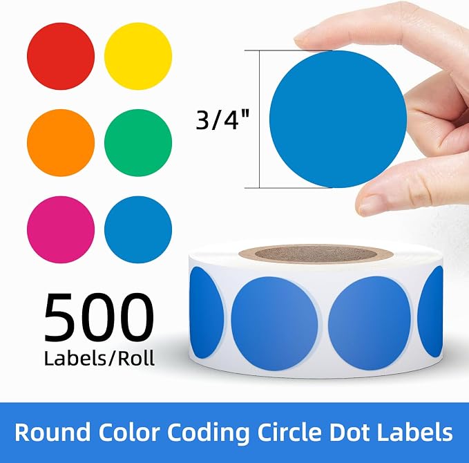 3/4" Round Color Coding Circle Dot Sticker Labels, 6 Colors | 6 Rolls (500/Roll) - 3000 PCS, Self Adhesive Dots Stickers, for Toddler/Office/Family/Student Classroom, BPA free & Easy Peel