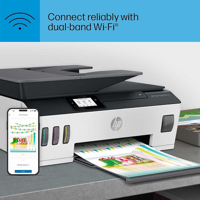 HP Smart Tank Plus 651 Wireless All-in-One Printer, Ink Tank Printer-for-Home Use, 2 Years of Ink Included Auto Document Feeder, Mobile Print, Scan, Copy, Fax, an EcoTank Alternative (7XV38A)