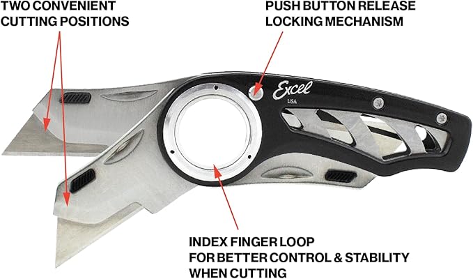 Excel Blades Revo Folding Utility Knife – Heavy-Duty Box Cutter with Aluminum Body, Quick-Change #92 Blades, 3 Lock Positions Design, Anti-Slip Finger Loop Grip, Holster Included – Black