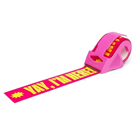 Decorative Packing Tape with Pink Dispenser – Yay I’m Here! Pink & Yellow, 1.88" x 22.2 Yards – Cute Printed Shipping Tape for Gifts, Small Business Essentials, and Mailers