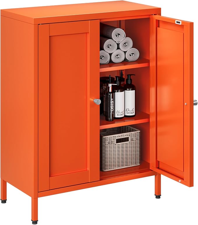 Bevivog Small Bathroom Storage Cabinet, Orange Metal Locker with 2 Doors and 2 Adjustable Shelves, Small Locker Cabinet Sideboard for Home Office, Living Room, Hallway, Entryway