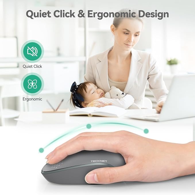TECKNET Compact Ambidextrous Wireless Mouse for Laptop Grey | 2.4G Quiet Computer Mouse with USB Receiver, 3 Adjustable DPI Portable Cordless Mice for Chromebook, Laptop, PC, Mac