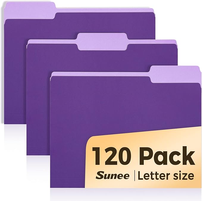 SUNEE File Folders, 120 Pack Manilla Folders 8.5 x 11, 1/3 Cut Tab for Easy Labeling and Organization, Durable Standard Paper for Home, Office, School Filing, Purple