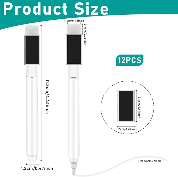 Mozeat Lens 12 Pcs Dry Erase Marker Magnetic White Fine Tip Magnetic Markers Whiteboard Markers with Eraser Marker for White Board Mini Dry erase Markers Dry Erase Pens for Office Home Black