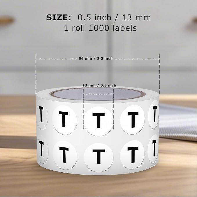 Letter T Stickers 0.5 Inch Vinyl Round Alphabet Label 1000 PCS | Self-Adhesive, Removable, Waterproof, Circle Capital Dots Tags, for Home Office Inventory Classroom