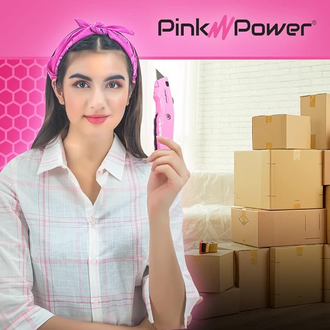 Pink Power Box Cutter Retractable, Pink Utility Knife for Carpet, Cute Box Cutter Knife Heavy Duty with 3 Blades and Storage Compartment - Opener Pocket Utility Tools for Women (1)