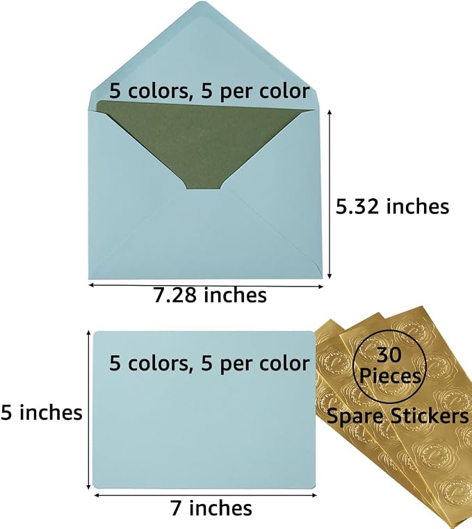 25 Pieces A7 Colored Envelopes with Cards and Stickers Set, Green 5Colors | 5x7 inches Envelopes For Weddings, Invitations, Birthday, Baby Shower