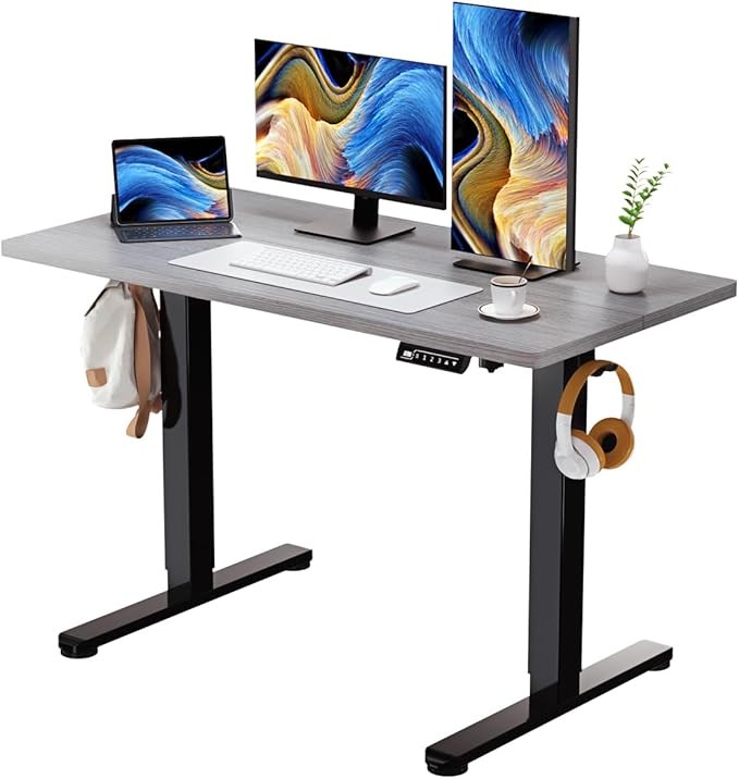 Grey Standing Desk, 48 X 24 Inch Adjustable Height Electric Table, Sit Stand Desk with 2 Hooks, Ergonomic Rising Workstation with Splice Board