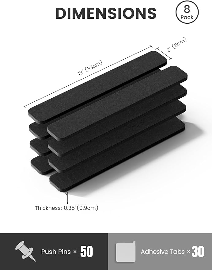 Fluxynara Cork Board Alternative Felt Strip Board 8-Pack 13"x2", Office Pin Board with 50 Push Pins, Adhesive Install for Bedroom Door & Home Office(Black)