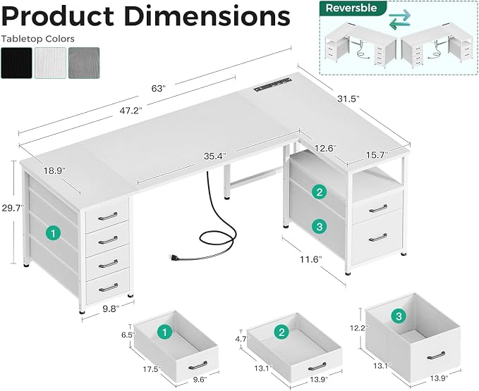 Coleshome 63 Inch L Shaped Office Desk with 6 Drawers, Power Outlet, White | 5 Fabric Drawers, File Drawer, USB and Type-C Ports, Open Storage Shelf, Reversible Layout for Home Office