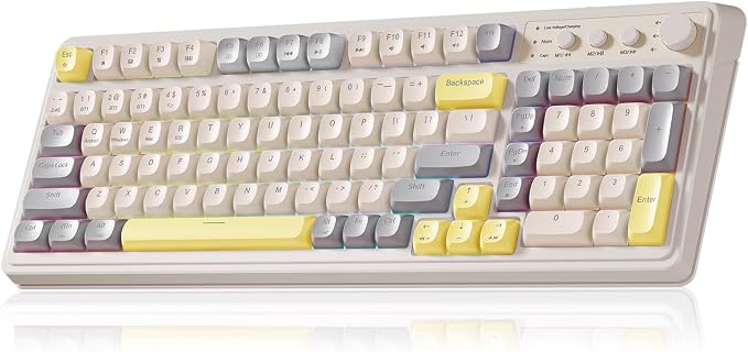 AULA S99 Gaming Keyboard, Ergonomic Computer Keyboards, Wireless Creamy Keyboard Full Size Cute Backlit Media Knob Programmable Tri-Mode Bluetooth/2.4GHz/USB-C Keyboard for PC Gamer - Grey & Yellow