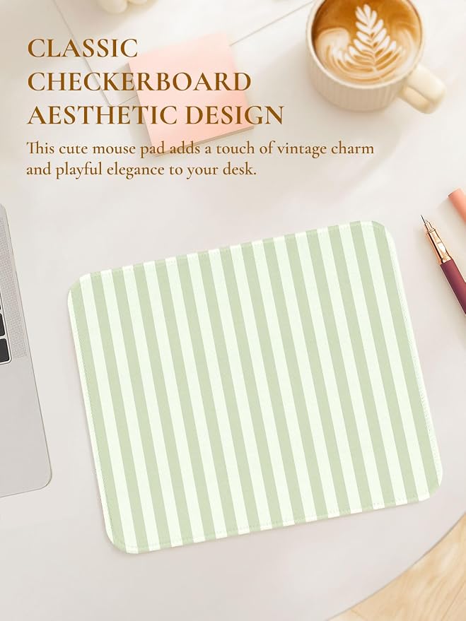 Square Cute Striped Mouse Pad with Stitched Edge, Premium Waterproof Cloth Aesthetic Small Stripe Mouse Mat, Non-Slip Rubber Base Funny Mousepad Desk Accessories,Striped Green Beige