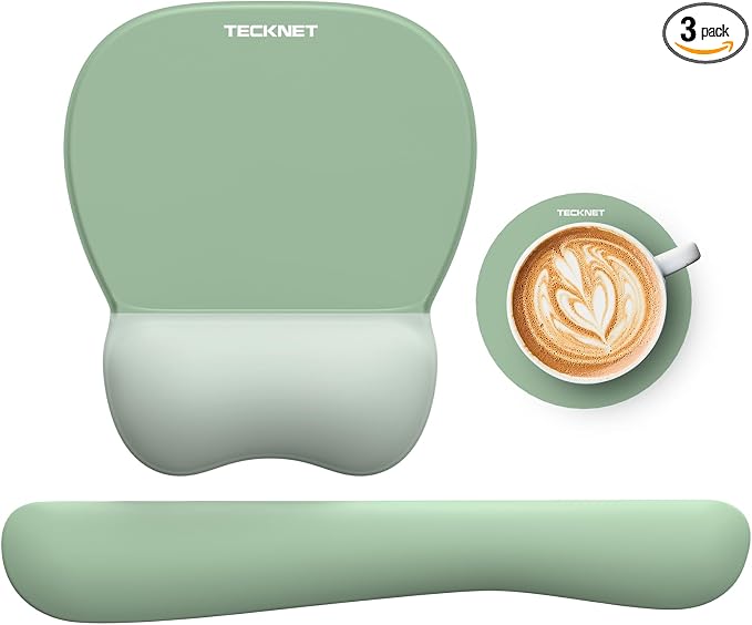 TECKNET Gel Ergonomic Mouse Pad & Keyboard Wrist Rest & Coaster | 3 in 1 Set, Pain Relief, Milk Silk Cloth, Non-Slip PU Base, Easy Typing, Memory Foam Wrist Support for Office & Home