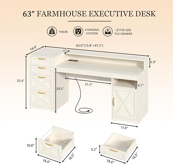 63" Farmhouse Computer Desk with 4 Drawers for Home Office, Bedroom | Executive Desk with Printer Shelf, Monitor Stand, Home Office Desks with Power Outlets, Storage Shelves, White