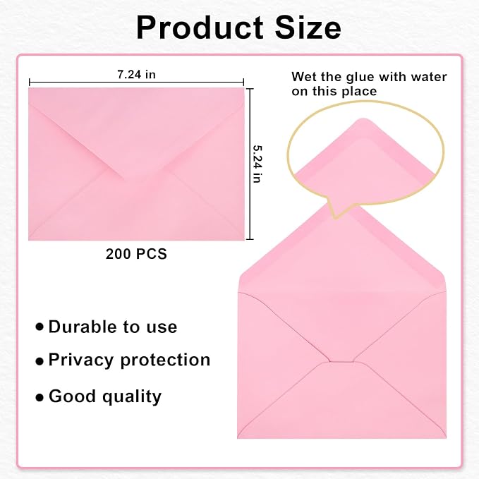 200 Pack A7 Envelopes, Pink Greeting Card Envelopes Self Seal, 5.24 x 7.24 in Envelopes for Birthday Graduation Baby Shower Wedding Invitation Cards