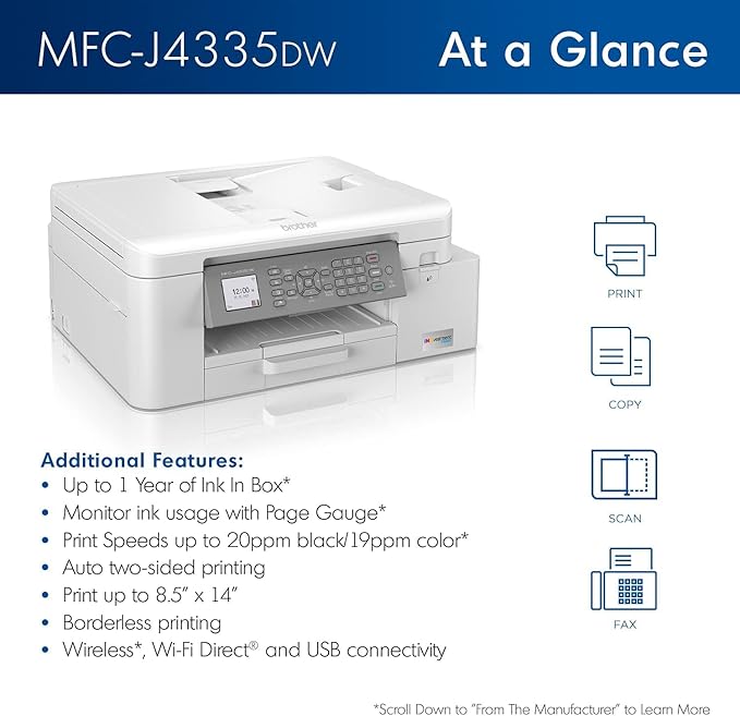 Brother MFC-J4335DW INKvestment Tank All-in-One Printer with Duplex and Wireless Printing Plus Up to 1-Year of Ink in-Box (Renewed Premium)