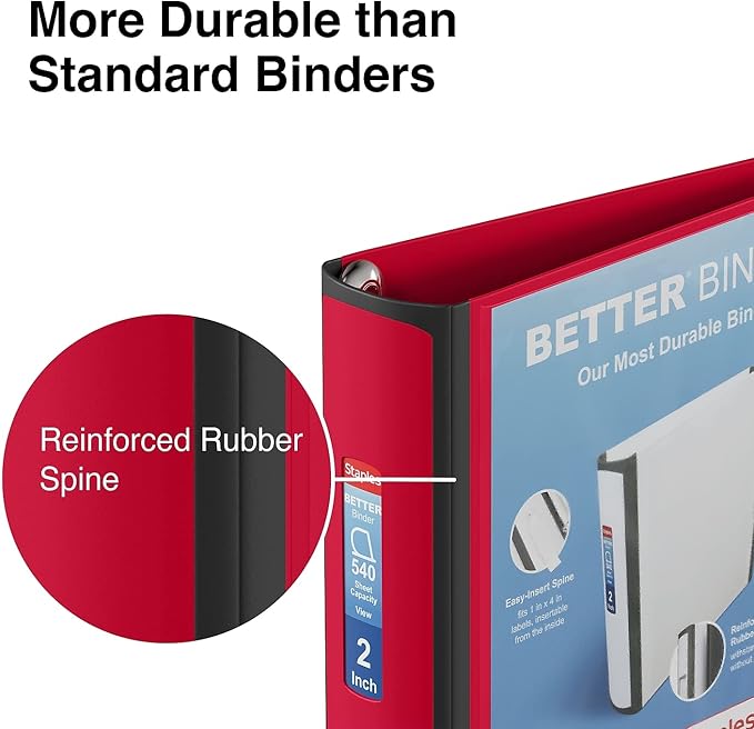 Staples Heavy-Duty 2-Inch D-Ring Binder, Red – 3-Ring Binder with Pockets, Holds Up to 540 Sheets for School & Office