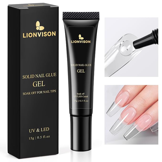 LIONVISON Solid Gel Nail Glue: 28+ Days Long-Lasting for DIY Beginners | UV Cured Adhesive for Press On Nails & Tips Extension - 15g 0.5 fl.oz Tube for DIY Beginners at Home