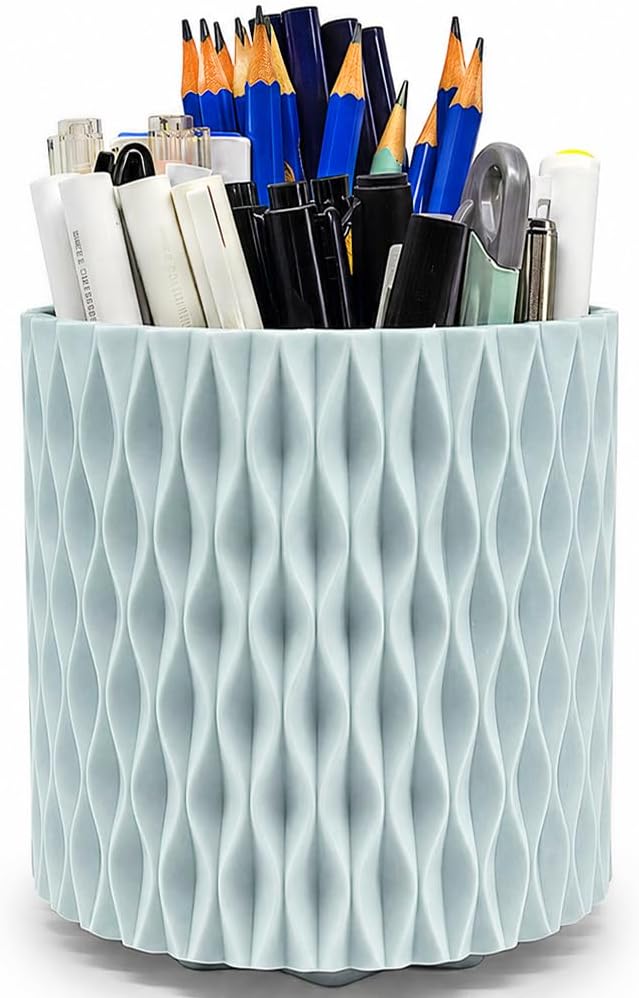 Lebenrich Rotating Pen Holder for Desk, 5 Slots Unique Blue Desk Pen Organizer Easthetic Desktop Supplies and Accessories for Women Girls, Pencil Cup Caddy for Office Home Art Supply