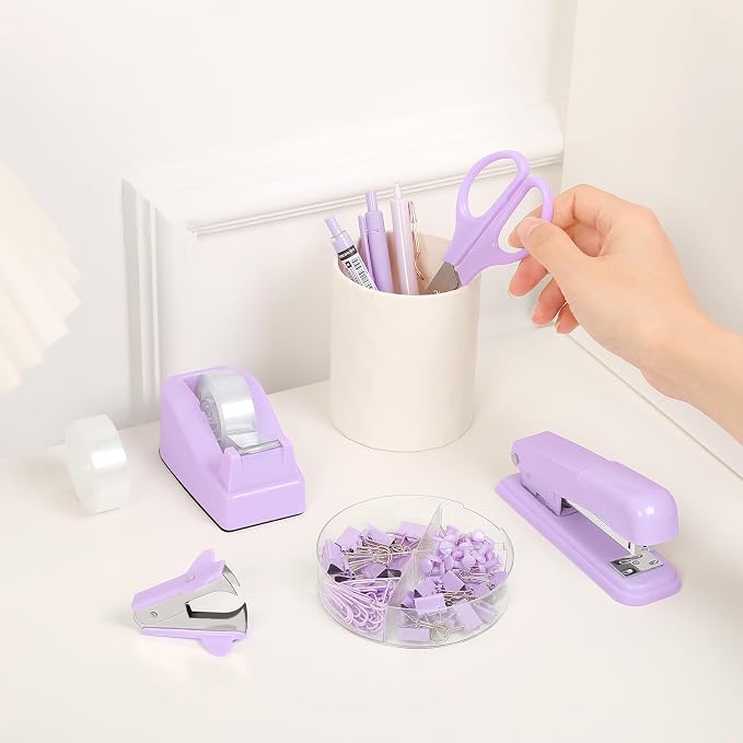 SKYDUE Purple Desk Accessories, Stapler and Tape Dispenser Set,10PCS | Purple Office Supplies Set, Stapler, Tape Dispenser, Scissors, Binder/Paper Clips and 1000pcs Staples