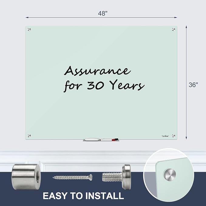 Glass Whiteboard 48x36 Magnetic White Board Dry Erase Board for Wall | Magnetic Surface, Dry Erase, Large Frameless Glass Whiteboard, Ideal for Office Home School Classroom Kitchen