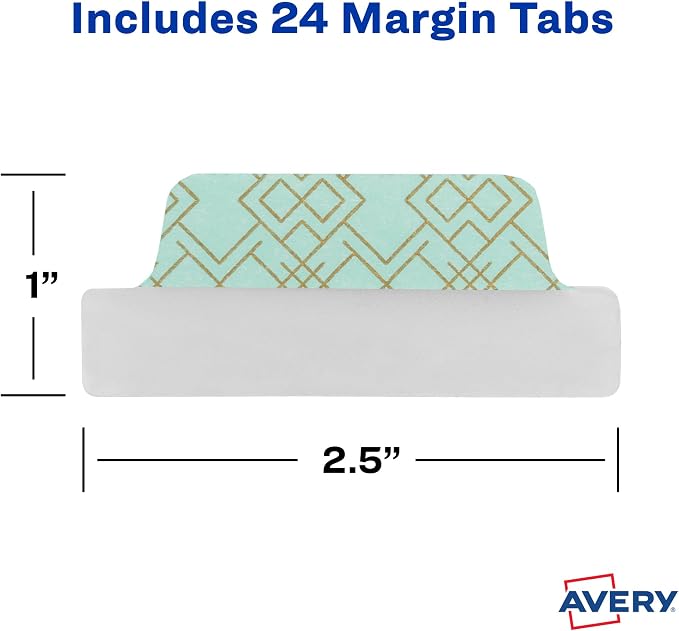 Avery Margin Ultra Tabs, 2.5" x 1", Assorted Metallic Geometric Designs, 24 Repositionable Page Tabs (30123)