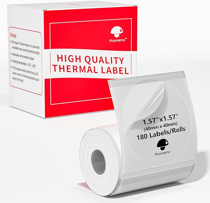 Phomemo Transparent Thermal Labels, Round, Self-Adhesive, 1.57"x1.57" (40x40mm), Clear, 180 Labels/Roll