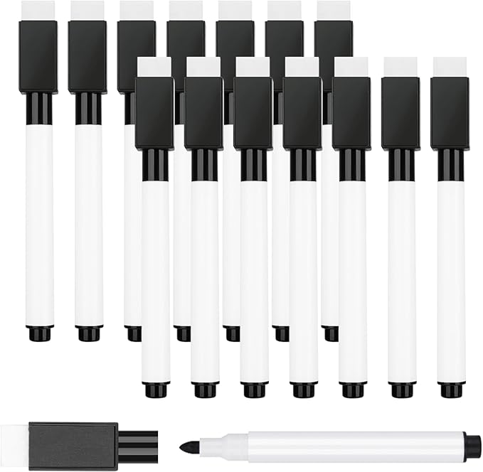 15 Pcs Black Magnetic Dry Erase Markers with Eraser Cap, Fine Point | White Board Markers Bulk, Fine Point Tip, Mini, for Teachers, Office, School Supplies, Classroom, Home