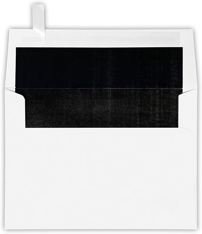 LUXPaper A7 Foil Lined Invitation Envelopes | Peel & Press | 5 1/4" x 7 1/4" | White w/Black LUX Lining | 60lb. Text | 50 Qty