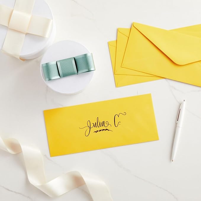Business Envelopes - 200 Pack 10 Yellow Envelopes, Gummed Seal, 9.5 x 4.13 in - Colored Mailers for Invitations & Business Mailing - Bulk Stationery for Checks & Greeting Cards