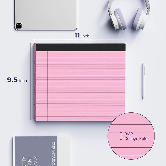 AILZFEI 3 Pack Wide Legal Pads 11" x 9.5" (Landscape Format) Pink College Ruled Note Pad Narrow Ruled 30 Sheets per Notepad Perforated Writing Paper with Thick Backboard Horizontal Pads of Paper