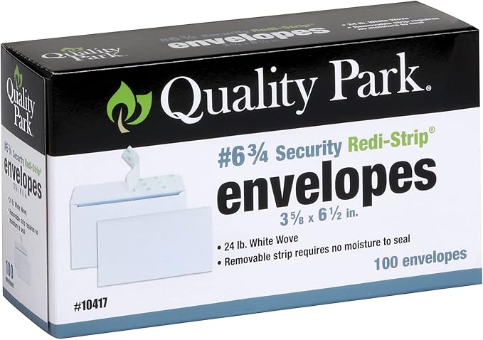 Quality Park #6 3/4 Self-Seal Security Envelopes, Security Tint and Pattern, Redi-Strip Closure, 24-lb White Wove, 3-5/8 x 6-1/2, 100/Box (QUA10417)