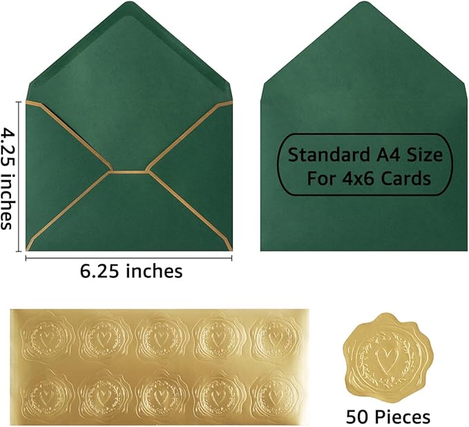 50 Pieces Dark Green A4 Envelopes with Gold Border, 4.25x6.25 Inches Envelopes with Gold Stickers for Greeting Cards and Invitation (A4-4x6)