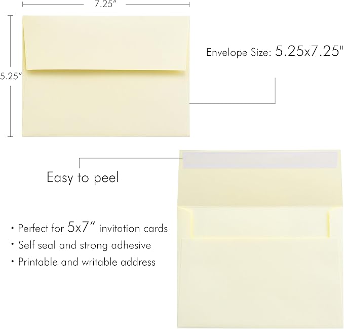 PONATIA 50PCS 5x7 Envelopes, Cream A7 Envelopes for Weddings, Invitation Cards, Photos, Postcards, Greeting Cards Mailing, Baby Shower, Graduation, Christmas Gift Cards