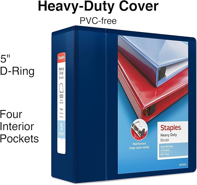 Staples Heavy-Duty 5-Inch D-Ring View Binder, Extra Large Capacity Holds Up to 1,000 Sheets, Navy, for Office & Archiving