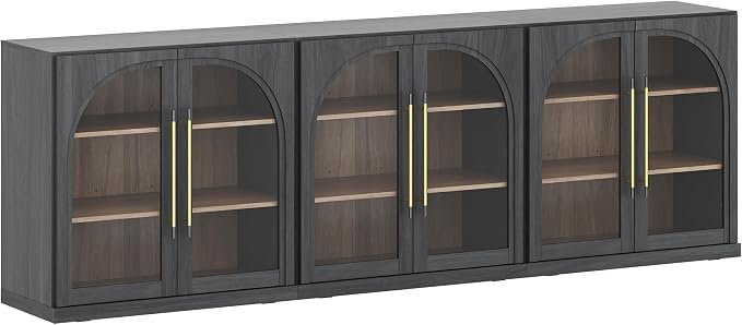 BELLEZE 3 Tier Bookshelf with Arched Glass Door, Set of 3 Modern Display Bookcase Shelf with Storage and Adjustable Shelves, 97'' Wood Bookshelves for Living Room Office Entryway (Ebony)