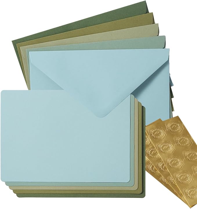 25 Pieces A7 Colored Envelopes with Cards and Stickers Set, Green 5Colors | 5x7 inches Envelopes For Weddings, Invitations, Birthday, Baby Shower