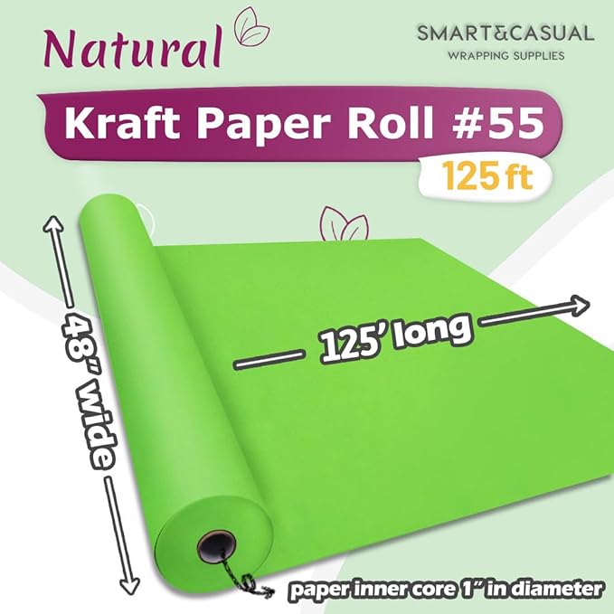 SMART&CASUAL 48" x 1,500" (125') Medium Green Kraft Craft Paper Roll for Gift Wrapping Bulletin Board Bouquet Flower Kids Art Packing Parcel Table Covering 80GSM 55LB (Medium Green, 48" x 125')