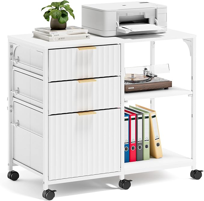 VINGLI 3 Drawer Mobile File Cabinet Printer Stand, Fluted Filing Cabinet with Open Storage Shelves Adjustable, Rolling Lateral Fabric Filing Cabinet for Home Office, Fits Letter Size, White