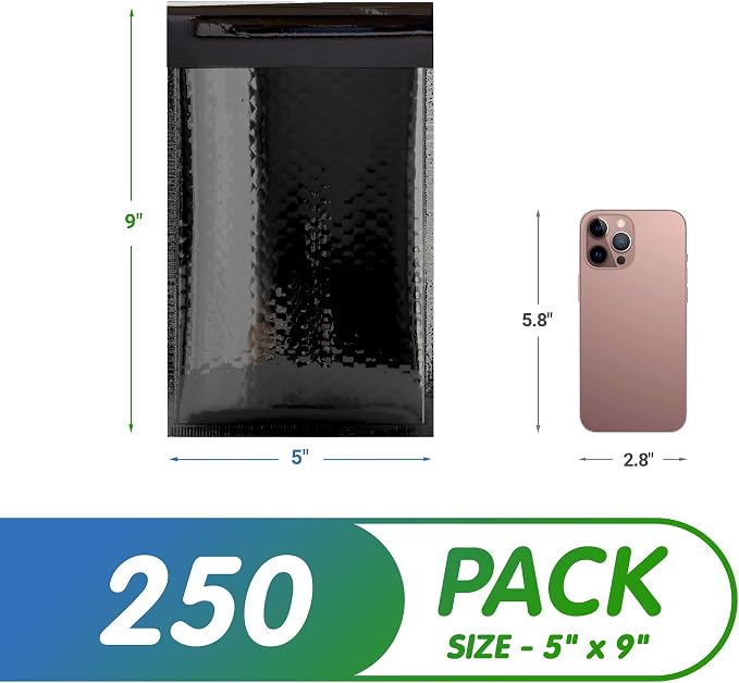 Glamour Metallic Bubble Mailers 5 x 9 Inches Black, 250 Pack Padded Envelopes for Shipping, Mailing, Packaging Protection