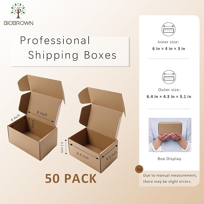 BIOBROWN 6x4x3" 50 Pack Corrugated Cardboard Boxes Small Shipping Box for Packaging Small Business Mailer Mailing Kraft