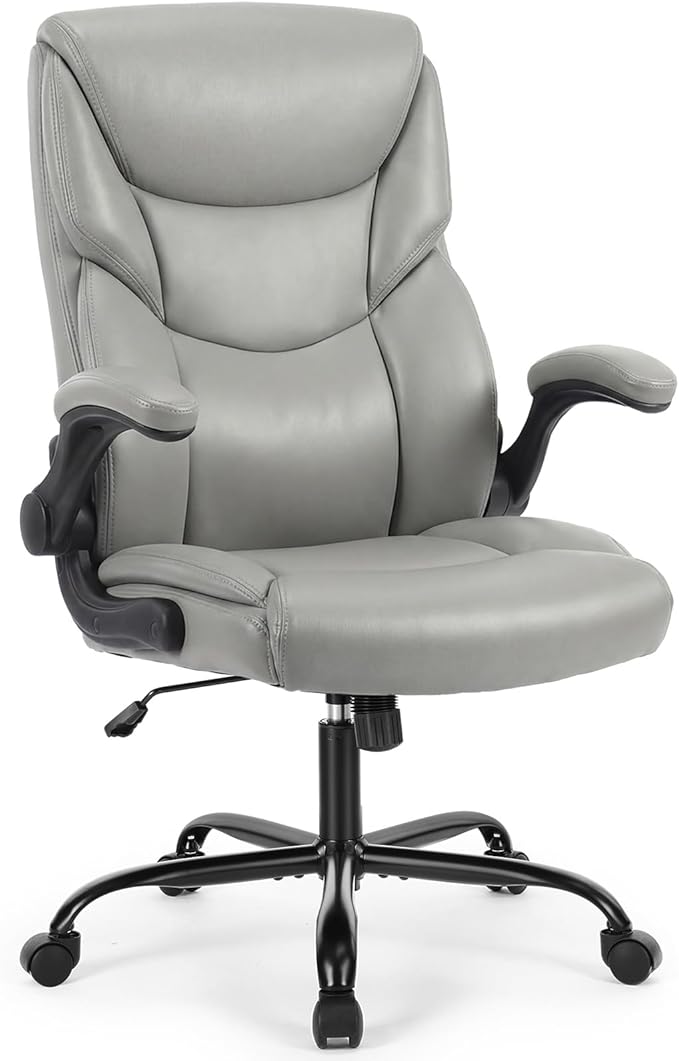 Sweetcrispy Office Computer Gaming Chair Set of 2, Ergonomic High Back Heavy Duty Task Desk Office Chairs with Wheels, Flip-up Arms, Adjustable Height, PU Leather, Grey